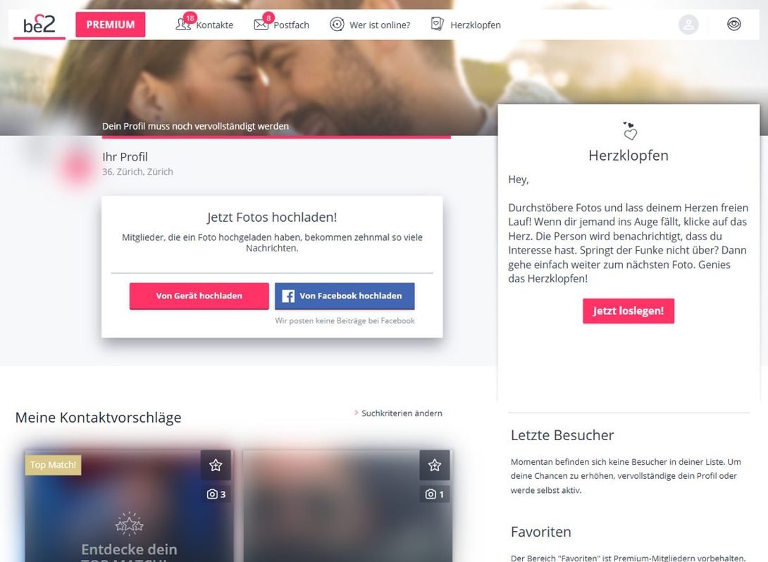be2 Mitgliederbereich mit Partnervorschlägen